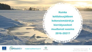 15.12.2022
Tiina Karppinen, SYKE 9
Kuva: Riku Lumiaro. 2006. SYKEkuvat
Kuinka
kotitalousjätteen
kokonaismäärät ja
kierräty...
