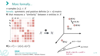 More formally...
n samples (xi )i ∈ X
kernels: symmetric and positive definite (n × n)-matrix
K that measures a “similarity” between n entities in X
K(x, x′) = ⟨ϕ(x), ϕ(x′)⟩
Multi-omics data integration methods
2022-12-15, Consortium MIMS / Nathalie Vialaneix
p. 14
 