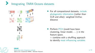 Integrating TARA Oceans datasets
▶ For all compositional datasets, include
phylogenetic information (rather than
CLR and alike): weighted Unifrac
distance
▶ Perform PCA (could have been
clustering, linear model, . . . ) in the
feature space.
+ combine with a shuffling approach
to identify most influencing variables
Multi-omics data integration methods
2022-12-15, Consortium MIMS / Nathalie Vialaneix
p. 23
 