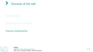 Overview of the talk
Kernel methods
Integrating data with kernels
Improve interpretability
Multi-omics data integration methods
2022-12-15, Consortium MIMS / Nathalie Vialaneix
p. 25
 