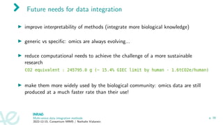 Future needs for data integration
▶ improve interpretability of methods (integrate more biological knowledge)
▶ generic vs specific: omics are always evolving...
▶ reduce computational needs to achieve the challenge of a more sustainable
research
▶ make them more widely used by the biological community: omics data are still
produced at a much faster rate than their use!
Multi-omics data integration methods
2022-12-15, Consortium MIMS / Nathalie Vialaneix
p. 29
 