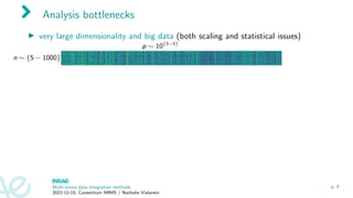 Analysis bottlenecks
▶ very large dimensionality and big data (both scaling and statistical issues)
n ∼ {5 − 1000}
p ∼ 10{3−5}
Multi-omics data integration methods
2022-12-15, Consortium MIMS / Nathalie Vialaneix
p. 4
 