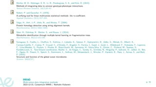 Ritchie, M. D., Holzinger, E. R., Li, R., Pendergrass, S. A., and Kim, D. (2015).
Methods of integrating data to uncover genotype-phenotype interactions.
Nature Reviews Genetics, 16(2):85–97.
Robert, P. and Escoufier, Y. (1976).
A unifying tool for linear multivariate statistical methods: the rv-coefficient.
Applied Statistics, 25(3):257–265.
Saigo, H., Vert, J.-P., Ueda, N., and Akutsu, T. (2004).
Protein homology detection using string alignment kernels.
Bioinformatics, 20(11):1682–1689.
Shen, H., Dührkop, K., Böcher, S., and Rousu, J. (2014).
Metabolite identification through multiple kernel learning on fragmentation trees.
Bioinformatics, 30(12):i157–i64.
Sunagawa, S., Coelho, L., Chaffron, S., Kultima, J., Labadie, K., Salazar, F., Djahanschiri, B., Zeller, G., Mende, D., Alberti, A.,
Cornejo-Castillo, F., Costea, P., Cruaud, C., d’Oviedo, F., Engelen, S., Ferrera, I., Gasol, J., Guidi, L., Hildebrand, F., Kokoszka, F., Lepoivre,
C., Lima-Mendez, G., Poulain, J., Poulos, B., Royo-Llonch, M., Sarmento, H., Vieira-Silva, S., Dimier, C., Picheral, M., Searson, S.,
Kandels-Lewis, S., Tara Oceans coordinators, Bowler, C., de Vargas, C., Gorsky, G., Grimsley, N., Hingamp, P., Iudicone, D., Jaillon, O., Not,
F., Ogata, H., Pesant, S., Speich, S., Stemmann, L., Sullivan, M., Weissenbach, J., Wincker, P., Karsenti, E., Raes, J., Acinas, S., and Bork,
P. (2015).
Structure and function of the global ocean microbiome.
Science, 348(6237).
Multi-omics data integration methods
2022-12-15, Consortium MIMS / Nathalie Vialaneix
p. 31
 