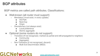 www.glcnetworks.com
BGP attributes
BGP metrics are called path attributes. Classifications:
● Well-known (all router must support)
○ Mandatory (must exist, in every update)
■ AS-Path
■ Next-hop
■ Origin
○ Discretionary (not always exist)
■ Local preference
■ Atomic aggregate
● Optional (some routers do not support)
○ Transitive (If not recognized, marked as partial and still propagated to neighbor)
■ Community
■ Aggregator
○ Non-Transitive (If not recognized, discard)
■ Multi Exit Discriminator (MED)
29
 