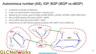 www.glcnetworks.com
● A collection of Routers & Networks
● Under one administration (organisation, company, etc)
● Defined by AS number, given by IANA via RIR (APNIC, LACNIC, AFRINIC, ARIN, RIPE-NCC)
● We run BGP between AS (external BGP - eBGP)
● We run BGP within AS (internal BGP - iBGP)
● Inside AS we run IGP (Interior gateway protocol): RIP, OSPF, IS-IS, EIGRP, etc
Autonomous number (AS), IGP, BGP (iBGP vs eBGP)
AS1
AS4
AS3
AS2
R1
27
 