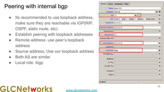 www.glcnetworks.com
Peering with internal bgp
● Its recommended to use loopback address,
make sure they are reachable via IGP(RIP,
OSPF, static route, etc)
● Establish peering with loopback addresses
● Remote address: use peer’s loopback
address
● Source address: Use our loopback address
● Both AS are similar
● Local role: ibgp
35
 