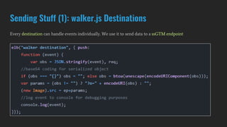 Sending Stuff (1): walker.js Destinations
Every destination can handle events individually. We use it to send data to a ssGTM endpoint
 
