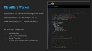 experimental: use worker for receiving walker events
forward (few data) to GA4 using GAMP V2
think: add full event to a D1 cloud database ;)
Or build your endpoint as
- AWS Lambda,
- GCP Cloud Function or
- Azure Function
- in your local cloud / CDN architecture
Cloudflare Worker
 