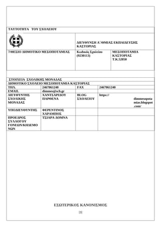 ΤΑΥΤΟΤΗΤΑ ΤΟΥ ΣΧΟΛΕΙΟΥ
ΔΙΕΥΘΥΝΣΗ Α΄/ΘΜΙΑΣ ΕΚΠΑΙΔΕΥΣΗΣ
ΚΑΣΤΟΡΙΑΣ
7/ΘΕΣΙΟ ΔΗΜΟΤΙΚΟ ΜΕΣΟΠΟΤΑΜΙΑΣ Κωδικός Σχολείου
(9230113)
ΜΕΣΟΠΟΤΑΜΙΑ
ΚΑΣΤΟΡΙΑΣ
Τ.Κ.52050
ΣΤΟΙΧΕΙΑ ΣΧΟΛΙΚΗΣ ΜΟΝΑΔΑΣ
ΔΗΜΟΤΙΚΟ ΣΧΟΛΕΙΟ ΜΕΣΟΠΟΤΑΜΙΑ ΚΑΣΤΟΡΙΑΣ
ΤΗΛ. 2467061240 FAX 2467061240
EMAIL dimmes@sch.gr
ΔΙΕΥΘΥΝΤΗΣ
ΣΧΟΛΙΚΗΣ
ΜΟΝΑΔΑΣ
ΧΑΝΤΣΑΡΙΔΟΥ
ΠΑΡΘΕΝΑ
BLOG
ΣΧΟΛΕΙΟΥ
https://
dimmesopota
mias.blogspot
.com/
ΥΠΟΔΙΕΥΘΥΝΤΗΣ ΦΕΡΕΝΤΙΝΟΣ
ΧΑΡΑΜΠΟΣ
ΠΡΟΕΔΡΟΣ
ΣΥΛΛΟΓΟΥ
ΓΟΝΕΩΝ/ΚΗΔΕΜΟ
ΝΩΝ
ΤΣΙΑΡΑ ΔΟΜΝΑ
ΕΣΩΤΕΡΙΚΟΣ ΚΑΝΟΝΙΣΜΟΣ
[3]
 