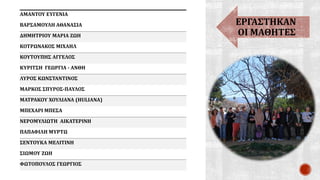 ΕΡΓΑΣΤΗΚΑΝ
ΟΙ ΜΑΘΗΤΕΣ
ΑΜΑΝΤΟΥ ΕΥΓΕΝΙΑ
ΒΑΡΣΑΜΟΥΛΗ ΑΘΑΝΑΣΙΑ
ΔΗΜΗΤΡΙΟΥ ΜΑΡΙΑ ΖΩΗ
ΚΟΤΡΩΝΑΚΟΣ ΜΙΧΑΗΛ
ΚΟΥΤΟΥΠΗΣ ΑΓΓΕΛΟΣ
ΚΥΡΙΤΣΗ ΓΕΩΡΓΙΑ - ΑΝΘΗ
ΛΥΡΟΣ ΚΩΝΣΤΑΝΤΙΝΟΣ
ΜΑΡΚΟΣ ΣΠΥΡΟΣ-ΠΑΥΛΟΣ
ΜΑΤΡΑΚΟΥ ΧΟΥΛΙΑΝΑ (HULIANA)
ΜΠΕΧΑΡΙ ΜΠΕΣΑ
ΝΕΡΟΜΥΛΙΩΤΗ ΑΙΚΑΤΕΡΙΝΗ
ΠΑΠΑΦΙΛΗ ΜΥΡΤΩ
ΣΕΝΤΟΥΚΑ ΜΕΛΙΤΙΝΗ
ΣΙΩΜΟΥ ΖΩΗ
ΦΩΤΟΠΟΥΛΟΣ ΓΕΩΡΓΙΟΣ
 