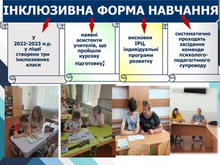 У
2022-2023 н.р.
у ліцеї
створено три
інклюзивних
класи
наявні
асистенти
учителів, що
пройшли
курсову
підготовку;
систематично
проходять
засідання
команди
психолого-
педагогічного
супроводу
висновки
ІРЦ,
індивідуальні
програми
розвитку
ІНКЛЮЗИВНА ФОРМА НАВЧАННЯ
 