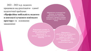 Забезпечити психологічну
безпеку та емоційне
благополуччя учасників
освітнього процесу шляхом
використання методичного
кейсу
Формувати у
дітей відчуття приналежно
сті до своєї країни,
завдяки їх участі у
суспільно корисній справі г
ромадянсько-
патріотичного змісту.
Формування рухової та
здоров’язбережувальної
компетентностей
дошкільнят в
системі взаємодії всіх ком
понентів.
У 2022 – 2023 н.р. педагоги
працювали над реалізацією єдиної
педагогічної проблеми:
«Професійна мобільність педагога
в контексті сучасного освітнього
простору» та основними
завданнями:
 