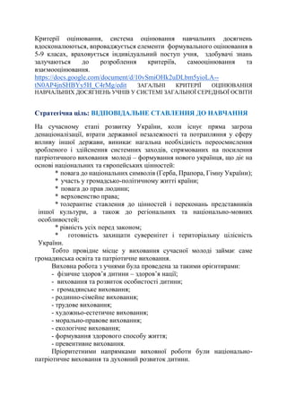 Критерії оцінювання, система оцінювання навчальних досягнень
вдосконалюються, впроваджується елементи формувального оцінювання в
5-9 класах, враховується індивідуальний поступ учня, здобувачі знань
залучаються до розроблення критеріїв, самооцінювання та
взаємооцінювання.
https://docs.google.com/document/d/10vSmiOHk2uDLbm5yioLA--
tN0AP4jnSHBYy5H_C4rMg/edit ЗАГАЛЬНІ КРИТЕРІЇ ОЦІНЮВАННЯ
НАВЧАЛЬНИХ ДОСЯГНЕНЬ УЧНІВ У СИСТЕМІ ЗАГАЛЬНОЇ СЕРЕДНЬОЇ ОСВІТИ
Стратегічна ціль: ВІДПОВІДАЛЬНЕ СТАВЛЕННЯ ДО НАВЧАННЯ
На сучасному етапі розвитку України, коли існує пряма загроза
денаціоналізації, втрати державної незалежності та потрапляння у сферу
впливу іншої держави, виникає нагальна необхідність переосмислення
зробленого і здійснення системних заходів, спрямованих на посилення
патріотичного виховання молоді – формування нового українця, що діє на
основі національних та європейських цінностей:
* повага до національних символів (Герба, Прапора, Гімну України);
* участь у громадсько-політичному житті країни;
* повага до прав людини;
* верховенство права;
* толерантне ставлення до цінностей і переконань представників
іншої культури, а також до регіональних та національно-мовних
особливостей;
* рівність усіх перед законом;
* готовність захищати суверенітет і територіальну цілісність
України.
Тобто провідне місце у виховання сучасної молоді займає саме
громадянська освіта та патріотичне виховання.
Виховна робота з учнями була проведена за такими орієнтирами:
- фізичне здоров’я дитини – здоров’я нації;
- виховання та розвиток особистості дитини;
- громадянське виховання;
- родинно-сімейне виховання;
- трудове виховання;
- художньо-естетичне виховання;
- морально-правове виховання;
- екологічне виховання;
- формування здорового способу життя;
- превентивне виховання.
Пріоритетними напрямками виховної роботи були національно-
патріотичне виховання та духовний розвиток дитини.
 
