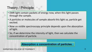 Theory / Principle
• EMR light contain packets of energy now, when this light passes
through the sample.
• A particles or molecules of sample absorb this light so, particle get
excited.
• Now uv visible spectroscopy principle depends upon the absorption
of light.
• So, if we determine the intensity of light, then we calculate the
concentration of particle.
Absorption α concentration of particles.
KARNATAKA COLLEGE OF PHARMACY 8
 