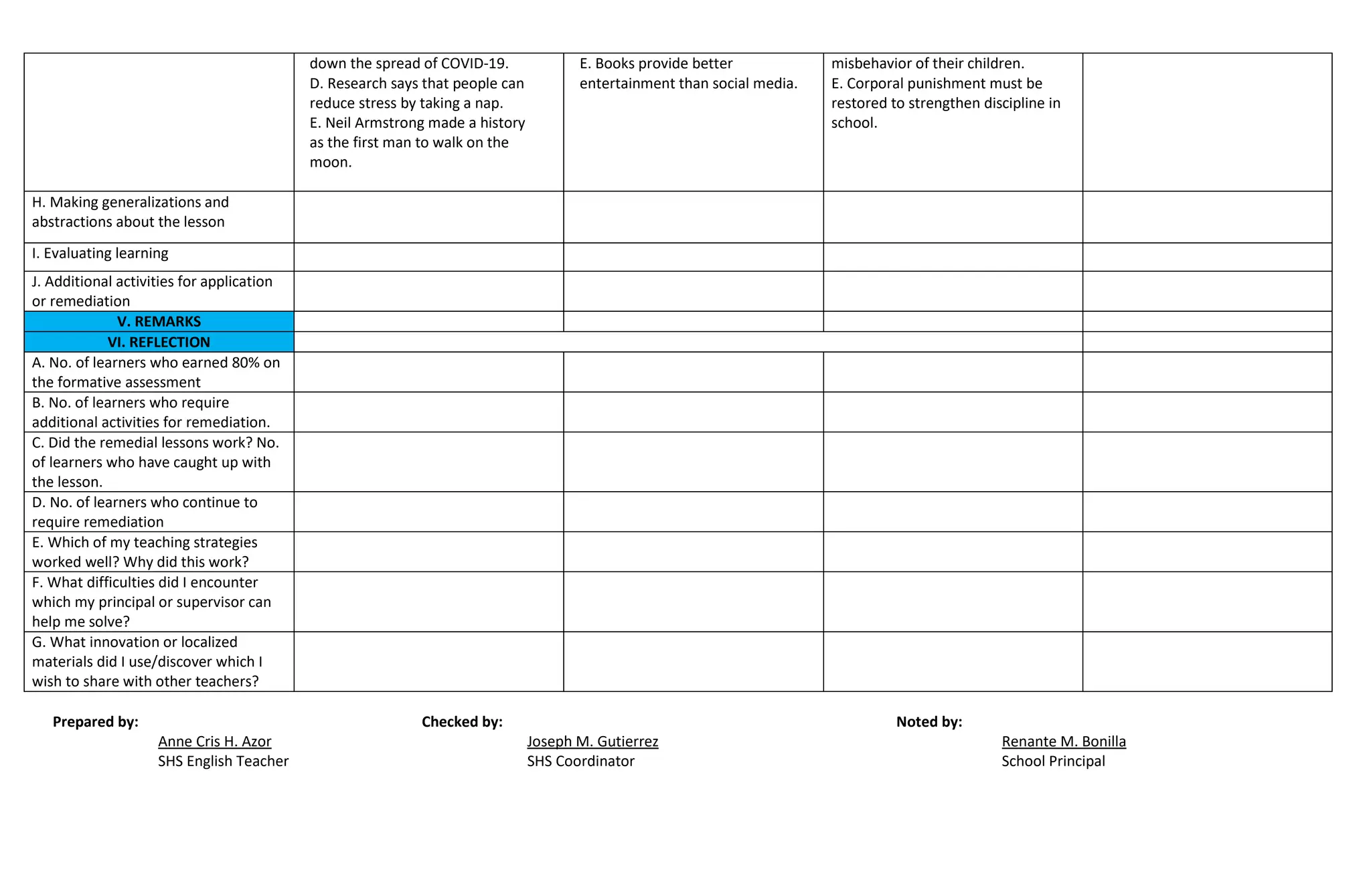 down the spread of COVID-19.
D. Research says that people can
reduce stress by taking a nap.
E. Neil Armstrong made a history
as the first man to walk on the
moon.
E. Books provide better
entertainment than social media.
misbehavior of their children.
E. Corporal punishment must be
restored to strengthen discipline in
school.
H. Making generalizations and
abstractions about the lesson
I. Evaluating learning
J. Additional activities for application
or remediation
V. REMARKS
VI. REFLECTION
A. No. of learners who earned 80% on
the formative assessment
B. No. of learners who require
additional activities for remediation.
C. Did the remedial lessons work? No.
of learners who have caught up with
the lesson.
D. No. of learners who continue to
require remediation
E. Which of my teaching strategies
worked well? Why did this work?
F. What difficulties did I encounter
which my principal or supervisor can
help me solve?
G. What innovation or localized
materials did I use/discover which I
wish to share with other teachers?
Prepared by: Checked by: Noted by:
Anne Cris H. Azor Joseph M. Gutierrez Renante M. Bonilla
SHS English Teacher SHS Coordinator School Principal
 