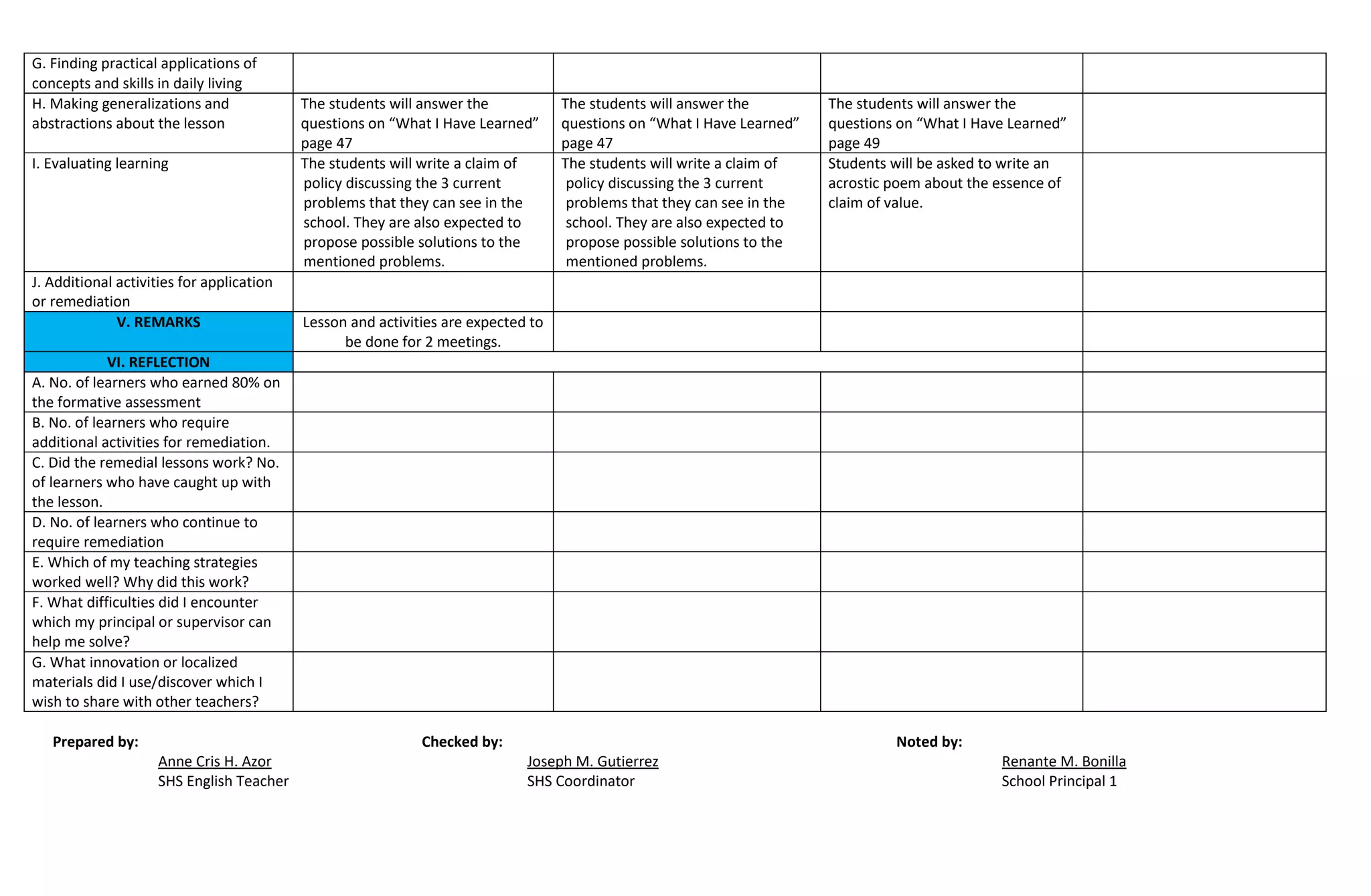 G. Finding practical applications of
concepts and skills in daily living
H. Making generalizations and
abstractions about the lesson
The students will answer the
questions on “What I Have Learned”
page 47
The students will answer the
questions on “What I Have Learned”
page 47
The students will answer the
questions on “What I Have Learned”
page 49
I. Evaluating learning The students will write a claim of
policy discussing the 3 current
problems that they can see in the
school. They are also expected to
propose possible solutions to the
mentioned problems.
The students will write a claim of
policy discussing the 3 current
problems that they can see in the
school. They are also expected to
propose possible solutions to the
mentioned problems.
Students will be asked to write an
acrostic poem about the essence of
claim of value.
J. Additional activities for application
or remediation
V. REMARKS Lesson and activities are expected to
be done for 2 meetings.
VI. REFLECTION
A. No. of learners who earned 80% on
the formative assessment
B. No. of learners who require
additional activities for remediation.
C. Did the remedial lessons work? No.
of learners who have caught up with
the lesson.
D. No. of learners who continue to
require remediation
E. Which of my teaching strategies
worked well? Why did this work?
F. What difficulties did I encounter
which my principal or supervisor can
help me solve?
G. What innovation or localized
materials did I use/discover which I
wish to share with other teachers?
Prepared by: Checked by: Noted by:
Anne Cris H. Azor Joseph M. Gutierrez Renante M. Bonilla
SHS English Teacher SHS Coordinator School Principal 1
 
