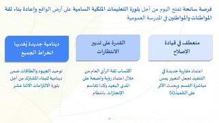 17
‫تدبير‬ ‫على‬‫ة‬‫ر‬‫القد‬
‫ات‬‫ر‬‫االنتظا‬
‫ثقة‬‫اكتساب‬
‫من‬‫العام‬ ‫أي‬‫ر‬‫ال‬
‫اعتماد‬‫خالل‬
‫على‬ ‫واضحة‬‫ية‬‫ؤ‬‫ر‬
‫البعيد‬ ‫املدى‬
‫وكذا‬
‫تقاسم‬
‫ات‬‫ز‬‫اإلنجا‬
‫بانتظام‬
‫قيادة‬ ‫في‬‫منعطف‬
‫اإلصالح‬
‫غديها‬ُ‫ي‬ ‫جديدة‬ ‫دينامية‬
‫الجميع‬‫انخراط‬
‫اعتماد‬
‫في‬ ‫جديدة‬ ‫بة‬‫ر‬‫مقا‬
‫التنفيذ‬
‫التغيير‬‫تجعل‬
‫يمس‬
‫القسم‬‫مباشرة‬
‫ويحدث‬
‫األثر‬
‫التلميذ‬‫على‬
(
‫ة‬
)
‫توحيد‬
‫والطاقات‬‫الجهود‬
‫ضمن‬
‫دينامية‬
‫املشترك‬‫للبناء‬
‫أجل‬ ‫من‬
‫بلورة‬
‫عشر‬ ‫االثنا‬‫االلتزامات‬
‫فرصة‬
‫سانحة‬
‫تفتح‬
‫اليوم‬
‫من‬
‫أجل‬
‫بلورة‬
‫التعليمات‬
‫امللكية‬
‫السامية‬
‫على‬
‫ض‬‫ر‬‫أ‬
‫الواقع‬
‫وإعا‬
‫دة‬
‫بناء‬
‫ثقة‬
‫املواطنات‬
‫واملواطنين‬
‫في‬
‫سة‬‫ر‬‫املد‬
‫العمومية‬
 
