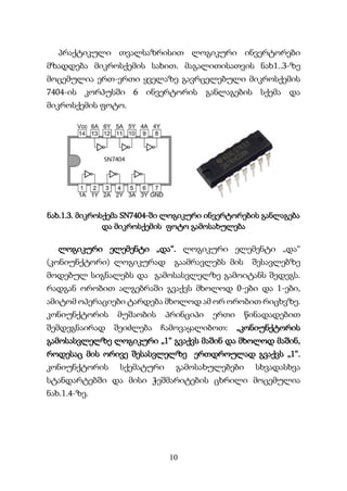 10
პრაქტიკული თვალსაზრისით ლოგიკური ინვერტორები
მზადდება მიკროსქემის სახით. მაგალითისათვის ნახ1..3-ზე
მოცემულია ერთ-ერთი ყველაზე გავრცელებული მიკროსქემის
7404-ის კორპუსში 6 ინვერტორის განლაგების სქემა და
მიკროსქემის ფოტო.
ნახ.1.3. მიკროსქემა SN7404-ში ლოგიკური ინვერტორების განლაგება
და მიკროსქემის ფოტო გამოსახულება
ლოგიკური ელემენტი „და“. ლოგიკური ელემენტი „და“
(კონიუნქტორი) ლოგიკურად გაამრავლებს მის შესავლებზე
მოდებულ სიგნალებს და გამოსასვლელზე გამოიტანს შედეგს.
რადგან ორობით ალგებრაში გვაქვს მხოლოდ 0-ები და 1-ები,
ამიტომ ოპერაციები ტარდება მხოლოდ ამ ორ ორობით რიცხვზე.
კონიუნქტორის მუშაობის პრინციპი ერთი წინადადებით
შემდეგნაირად შეიძლება ჩამოვაყალიბოთ: „კონიუნქტორის
გამოსასვლელზე ლოგიკური „1“ გვაქვს მაშინ და მხოლოდ მაშინ,
როდესაც მის ორივე შესასვლელზე ერთდროულად გვაქვს „1“.
კონიუნქტორის სქემატური გამოსახულებები სხვადასხვა
სტანდარტებში და მისი ჭეშმარიტების ცხრილი მოცემულია
ნახ.1.4-ზე.
 