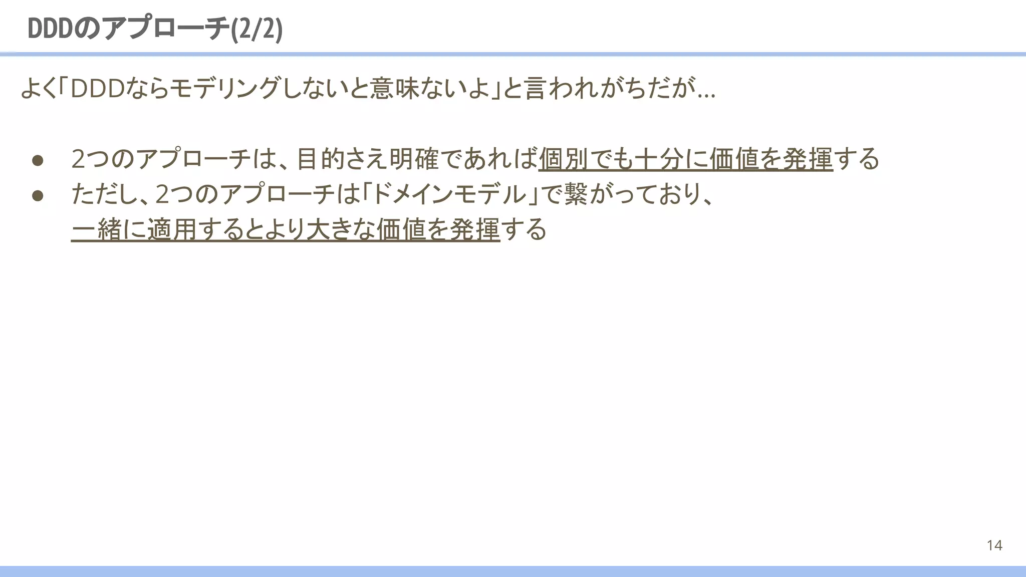 DDDのアプローチ(2/2)
よく「DDDならモデリングしないと意味ないよ」と言われがちだが…
● 2つのアプローチは、目的さえ明確であれば個別でも十分に価値を発揮する
● ただし、2つのアプローチは「ドメインモデル」で繋がっており、
一緒に適用するとより大きな価値を発揮する
14
 