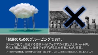 「発展のためのグルーピングであれ」
グループ化で、共通する要素から「アイデアの本質」がよりハッキリし、
その本質に立脚して、発展アイデアが生み出せることが、重要。
（＝ きれいな分類は、それ単体での“合意” はしやすい。しかし、発展の示唆に乏しく、次に進みにくい）
3
 
