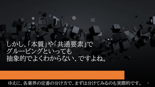 しかし、「本質」や「共通要素」で
グルーピングといっても
抽象的でよくわからない、ですよね。
4
ゆえに、各業界の定番の分け方で、まずは分けてみるのも実際的です。
 