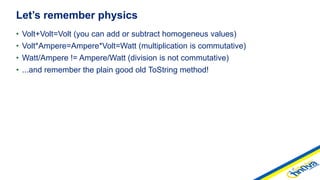 • Volt+Volt=Volt (you can add or subtract homogeneus values)
• Volt*Ampere=Ampere*Volt=Watt (multiplication is commutative)
• Watt/Ampere != Ampere/Watt (division is not commutative)
• ...and remember the plain good old ToString method!
Let’s remember physics
 