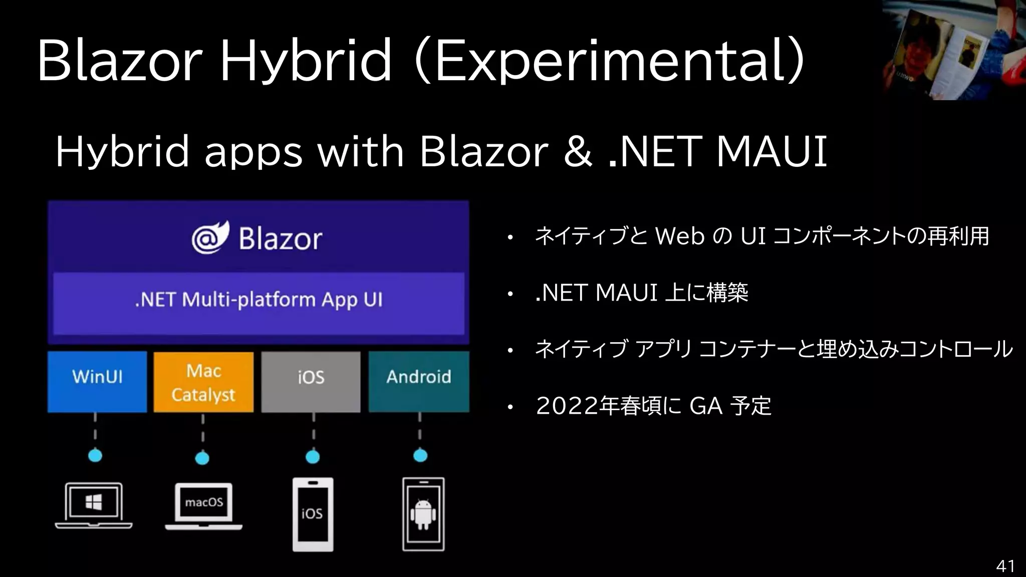 Hybrid apps with Blazor & .NET MAUI
Blazor Hybrid (Experimental)
41
• ネイティブと Web の UI コンポーネントの再利用
• .NET MAUI 上に構築
• ネイティブ アプリ コンテナーと埋め込みコントロール
• 2022年春頃に GA 予定
 
