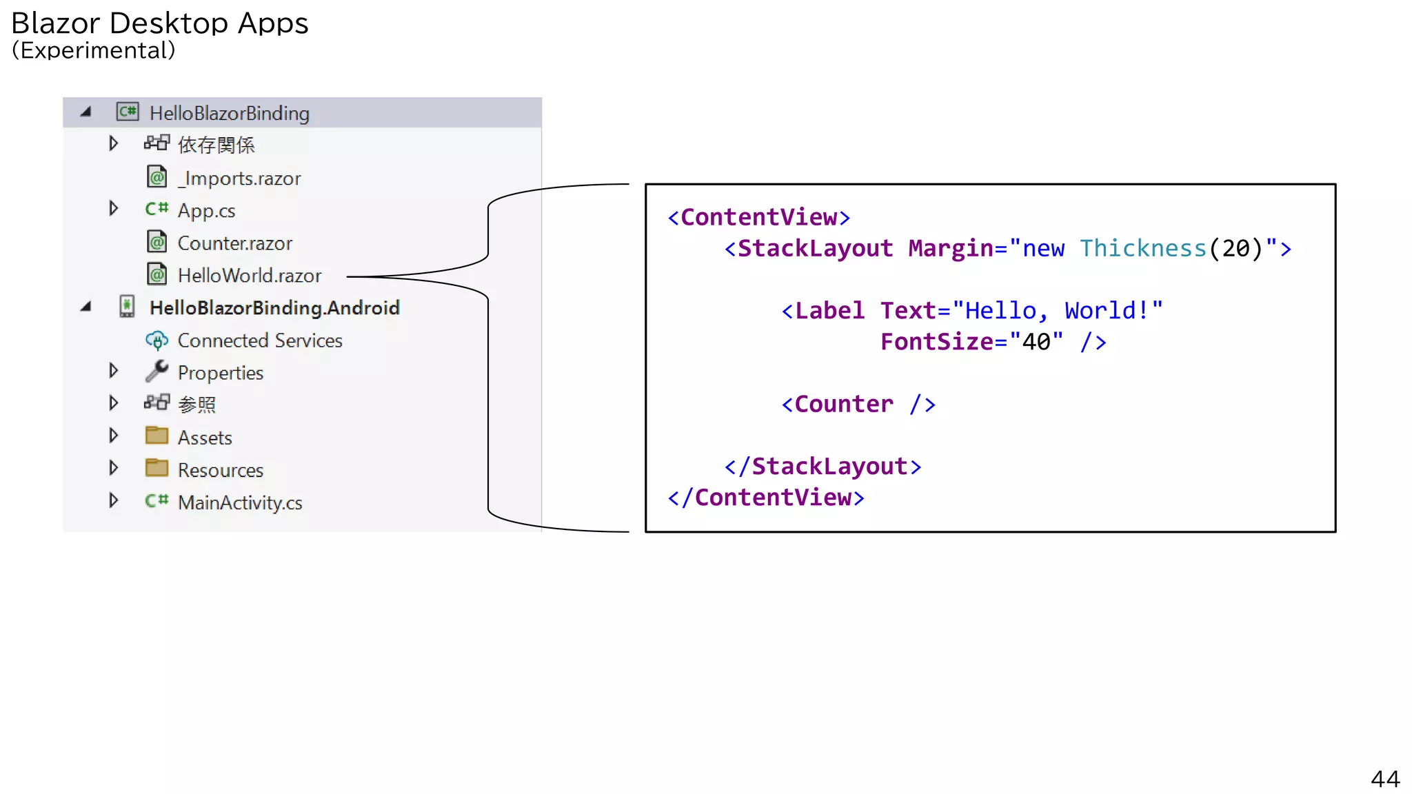 44
Blazor Desktop Apps
(Experimental)
<ContentView>
<StackLayout Margin="new Thickness(20)">
<Label Text="Hello, World!"
FontSize="40" />
<Counter />
</StackLayout>
</ContentView>
 