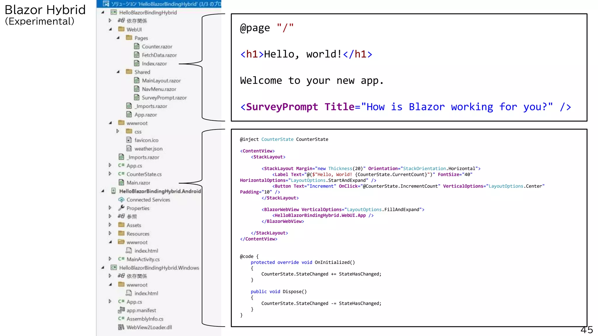 45
Blazor Hybrid
(Experimental)
@page "/"
<h1>Hello, world!</h1>
Welcome to your new app.
<SurveyPrompt Title="How is Blazor working for you?" />
@inject CounterState CounterState
<ContentView>
<StackLayout>
<StackLayout Margin="new Thickness(20)" Orientation="StackOrientation.Horizontal">
<Label Text="@($"Hello, World! {CounterState.CurrentCount}")" FontSize="40"
HorizontalOptions="LayoutOptions.StartAndExpand" />
<Button Text="Increment" OnClick="@CounterState.IncrementCount" VerticalOptions="LayoutOptions.Center"
Padding="10" />
</StackLayout>
<BlazorWebView VerticalOptions="LayoutOptions.FillAndExpand">
<HelloBlazorBindingHybrid.WebUI.App />
</BlazorWebView>
</StackLayout>
</ContentView>
@code {
protected override void OnInitialized()
{
CounterState.StateChanged += StateHasChanged;
}
public void Dispose()
{
CounterState.StateChanged -= StateHasChanged;
}
}
 