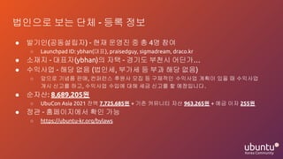 법인으로 보는 단체 - 등록 정보
● 발기인(공동설립자) - 현재 운영진 중 총 4명 참여
○ Launchpad ID: ybhan(대표), praisedguy, sigmadream, draco.kr
● 소재지 - 대표자(ybhan)의 자택 - 경기도 부천시 어딘가…
● 수익사업 - 해당 없음 (법인세, 부가세 등 부과 해당 없음)
○ 앞으로 기념품 판매, 컨퍼런스 후원사 모집 등 구체적인 수익사업 계획이 있을 때 수익사업
개시 신고를 하고, 수익사업 수입에 대해 세금 신고를 할 예정입니다.
● 순자산: 8,689,205원
○ UbuCon Asia 2021 잔액 7,725,685원 + 기존 커뮤니티 자산 963,265원 + 예금 이자 255원
● 정관 - 홈페이지에서 확인 가능
○ https://ubuntu-kr.org/bylaws
 