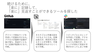 続けるために、
「楽に」記録して、
「楽に」⾒返すことができるツールを探した
デイリーでWikiページを
作成して記録を付けるも、
アクセスが⾯倒で記録が
抜け落ち、⾒返すことも
なく記録が塩漬けになり、
中断。
タスクごとに作業⽇誌を
つけるように⼯夫。記録
は楽だが、時系列で⾒か
えすことが⼿間で、作業
の関連性がわかりにくく
なり中断。
トピックごとにスレッド
を作成して記録。アクセ
スも楽、時系列でのふり
かえりも可能だが、ス
レッドが流れて⾒返す⼿
間がかかってしまい中断
 