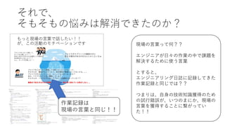 それで、
そもそもの悩みは解消できたのか？
現場の⾔葉って何？？
エンジニアが⽇々の作業の中で課題を
解決するために使う⾔葉
とすると、
エンジニアリング⽇誌に記録してきた
作業記録と同じでは？？
つまりは、⾃⾝の技術知識獲得のため
の試⾏錯誤が、いつのまにか、現場の
⾔葉を獲得することに繋がってい
た！！
作業記録は
現場の⾔葉と同じ！！
 