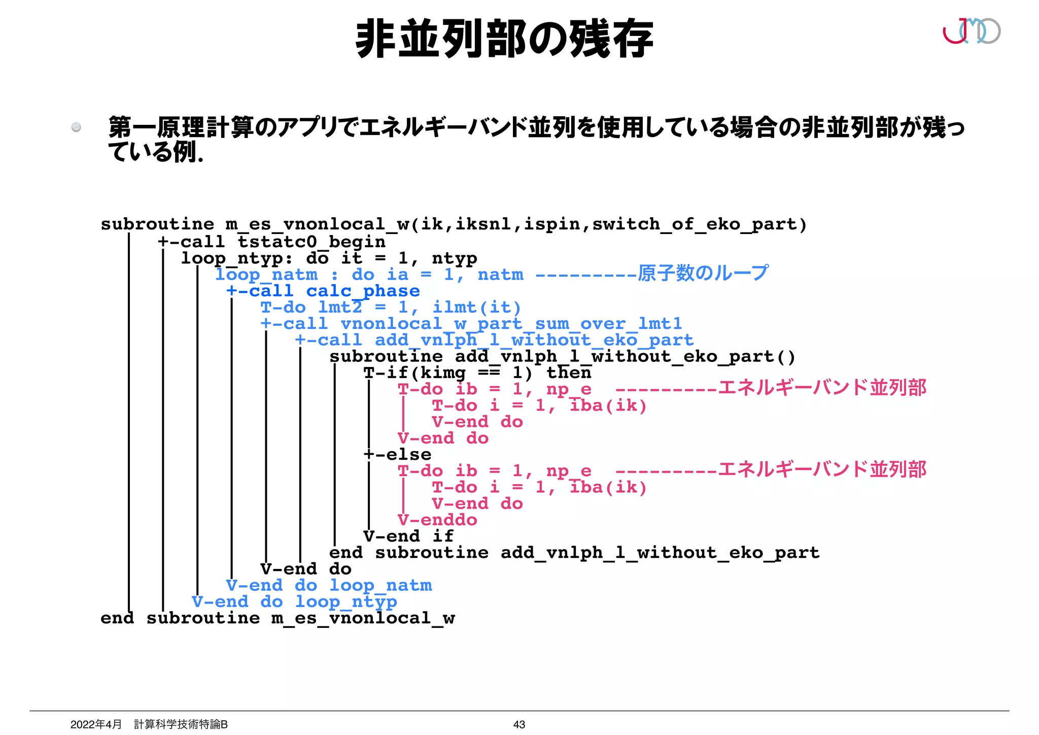 43
2022年4月 計算科学技術特論B
非並列部の残存
第一原理計算のアプリでエネルギーバンド並列を使用している場合の非並列部が残っ
ている例．
subroutine m_es_vnonlocal_w(ik,iksnl,ispin,switch_of_eko_part)
 

| +-call tstatc0_begi
n

| | loop_ntyp: do it = 1, ntyp
 

| | | loop_natm : do ia = 1, natm ---------原子数のループ
| | | +-call calc_phas
e

| | | | T-do lmt2 = 1, ilmt(it)
 

| | | | +-call vnonlocal_w_part_sum_over_lmt
1

| | | | | +-call add_vnlph_l_without_eko_par
t

| | | | | | subroutine add_vnlph_l_without_eko_part()
 

| | | | | | | T-if(kimg == 1) then
 

| | | | | | | | T-do ib = 1, np_e ---------エネルギーバンド並列部
| | | | | | | | | T-do i = 1, iba(ik)
 

| | | | | | | | | V-end do
 

| | | | | | | | V-end do
 

| | | | | | | +-else
| | | | | | | | T-do ib = 1, np_e ---------エネルギーバンド並列部
| | | | | | | | | T-do i = 1, iba(ik)
 

| | | | | | | | | V-end do
 

| | | | | | | | V-enddo
 

| | | | | | | V-end if
 

| | | | | | end subroutine add_vnlph_l_without_eko_part
 

| | | | V-end do
 

| | | V-end do loop_natm
| | V-end do loop_ntyp
end subroutine m_es_vnonlocal_w
 

 
