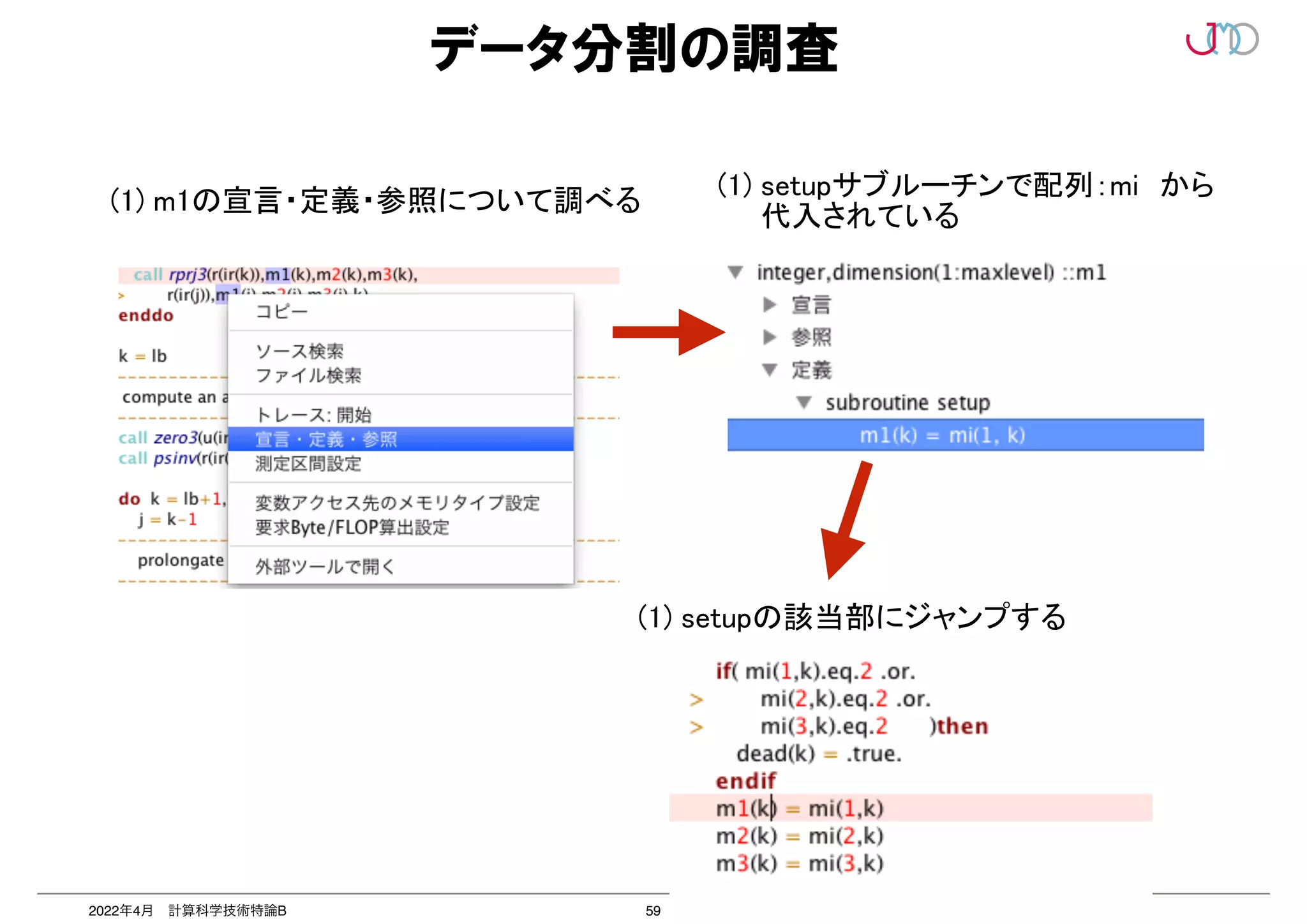 59
2022年4月 計算科学技術特論B
データ分割の調査
(1) m1の宣言・定義・参照について調べる
(1) setupサブルーチンで配列：mi　から
代入されている
(1) setupの該当部にジャンプする
 