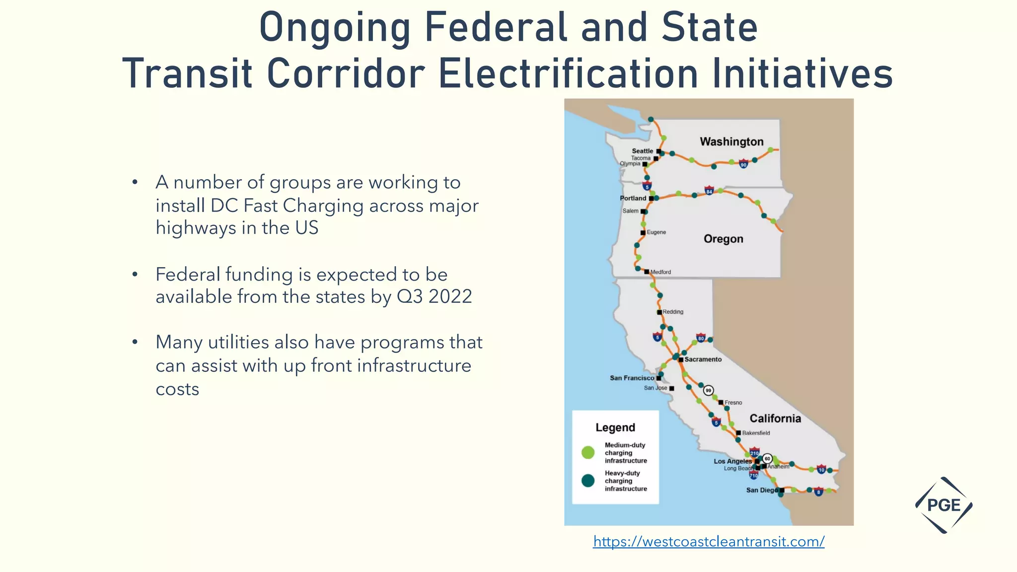 Ongoing Federal and State
Transit Corridor Electrification Initiatives
https://westcoastcleantransit.com/
• A number of groups are working to
install DC Fast Charging across major
highways in the US
• Federal funding is expected to be
available from the states by Q3 2022
• Many utilities also have programs that
can assist with up front infrastructure
costs
