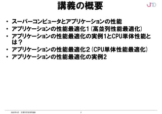 2
2022年4月 計算科学技術特論B
講義の概要
• スーパーコンピュータとアプリケーションの性能
• アプリケーションの性能最適化1(高並列性能最適化)
• アプリケーションの性能最適化の実例1とCPU単体性能と
は？
• アプリケーションの性能最適化２(CPU単体性能最適化)
• アプリケーションの性能最適化の実例2
 