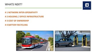 WHATS NEXT?
# 1 NETWORK INTER-OPERATIVITY
# 2 HOUSING / OFFICE INFRASTRUCTURE
# 3 COST OF OWNERSHIP
# 4 BATTERY RECYCLING
 