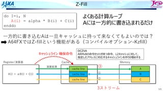 141
Z-Fill
do I=i, N
A(i) = alpha * B(i) + C(i)
enddo
Memory
A
B
C
A(i) ＝ αB(i) ＋ C(i)
Register/演算器 Cache
cache line
cache line
cache line
演算結果
⼀⽅的に書き込むAは⼀旦キャッシュに持って来なくてもよいのでは？
A64FXではZ-fillという機能がある (コンパイルオプション-Kzfill）
①
②
③
よくある計算ループ
Aには⼀⽅的に書き込まれるだけ
DCZVA
ARMv8の命令セットが持つ命令．L2キャッシュに対して，
指定したアドレスに対応するキャッシュラインを作り0埋めする
キャッシュライン 確保命令
3ストリーム
 
