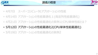 2
講義の概要
• 4⽉7⽇ スーパーコンピュータとアプリケーションの性能
• 4⽉14⽇ アプリケーションの性能最適化１(⾼並列性能最適化)
• 4⽉21⽇ アプリケーションの性能最適化の実例1とCPU単体性能とは︖
• 5⽉12⽇ アプリケーションの性能最適化2(CPU単体性能最適化)
• 5⽉19⽇ アプリケーションの性能最適化の実例2
 