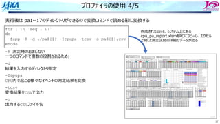 37
プロファイラの使⽤ 4/5
実⾏後は pa1~17のディレクトリができるので変換コマンドで読める形に変換する
for I in `seq 1 17`
do
fapp –A -d ./pa${I} -Icpupa –tcsv –o pa${I}.csv
enddo
-A 測定時のおまじない
⼀つのコマンドで複数の役割があるため)
-d
結果を⼊⼒するディレクトリ指定
-Icpupa
CPU内で起こる様々なイベントの測定結果を変換
-tcsv
変換結果をCSVで出⼒
-o
出⼒するCSVファイル名
Copyright 2019 FUJITSU LIMITED
CPU Performance Analysis Report 4.2.1
Process Thread Process Thread
0 0 6.01E+00 2.29 3.26% 0.21 7.49E+09 1.37E+10 34.24% 81.09% 88.95% 0.57 1.25 0 0 0.00E+00 0.00E+00 4.92E-03 3.10E-03 1.69E-03 4.01E-03 4.88E-03 6.94E-01 7.22E-02 3.38E+00 8.53E-03 2.94E-01 0.00E+00 3.23E-03 6.22E-05 6.91E-01 2.47E-01 1.58E-01 4.38E-01 0.00E+00 6.01E+00
0 1 6.01E+00 2.19 3.11% 0.22 7.30E+09 1.31E+10 33.22% 80.49% 90.27% 0.55 1.22 0 1 0.00E+00 0.00E+00 4.76E-03 2.50E-03 1.23E-03 4.22E-03 3.18E-03 6.79E-01 6.64E-02 3.28E+00 8.71E-03 2.83E-01 0.00E+00 4.46E-03 1.68E-01 6.72E-01 2.49E-01 1.49E-01 4.26E-01 1.75E-04 6.01E+00
0 2 6.01E+00 2.13 3.03% 0.24 7.20E+09 1.28E+10 32.61% 80.13% 90.99% 0.55 1.20 0 2 0.00E+00 0.00E+00 4.59E-03 1.27E-02 1.25E-03 4.15E-03 5.74E-03 6.62E-01 7.35E-02 3.23E+00 7.35E-03 2.79E-01 0.00E+00 3.71E-03 2.42E-01 6.58E-01 2.51E-01 1.45E-01 4.21E-01 4.90E-05 6.01E+00
0 3 6.01E+00 2.03 2.89% 0.22 7.03E+09 1.22E+10 31.60% 79.49% 92.30% 0.53 1.17 0 3 0.00E+00 0.00E+00 4.70E-03 1.34E-03 1.30E-03 5.99E-03 5.73E-03 6.24E-01 6.03E-02 3.15E+00 7.65E-03 2.76E-01 0.00E+00 4.87E-03 4.28E-01 6.37E-01 2.48E-01 1.42E-01 4.10E-01 6.74E-04 6.01E+00
0 4 6.01E+00 2.03 2.89% 0.23 7.03E+09 1.22E+10 31.60% 79.50% 92.36% 0.53 1.17 0 4 0.00E+00 0.00E+00 4.78E-03 9.09E-04 1.32E-03 4.13E-03 3.80E-04 5.94E-01 6.52E-02 3.16E+00 6.74E-03 2.80E-01 0.00E+00 5.58E-03 4.43E-01 6.43E-01 2.48E-01 1.44E-01 4.09E-01 0.00E+00 6.01E+00
0 5 6.01E+00 2.03 2.89% 0.22 7.03E+09 1.22E+10 31.60% 79.50% 92.32% 0.53 1.17 0 5 0.00E+00 0.00E+00 4.53E-03 6.40E-04 1.27E-03 5.42E-03 3.73E-04 6.11E-01 6.78E-02 3.16E+00 9.62E-03 2.75E-01 0.00E+00 5.78E-03 4.28E-01 6.42E-01 2.48E-01 1.43E-01 4.08E-01 7.57E-05 6.01E+00
0 6 6.01E+00 2.03 2.89% 0.22 7.03E+09 1.22E+10 31.60% 79.50% 92.32% 0.53 1.17 0 6 0.00E+00 0.00E+00 4.70E-03 8.03E-04 1.38E-03 5.50E-03 3.53E-04 6.12E-01 6.45E-02 3.15E+00 9.94E-03 2.75E-01 0.00E+00 5.72E-03 4.30E-01 6.42E-01 2.49E-01 1.41E-01 4.09E-01 0.00E+00 6.01E+00
0 7 6.01E+00 2.03 2.89% 0.23 7.03E+09 1.22E+10 31.58% 79.49% 92.33% 0.53 1.17 0 7 0.00E+00 0.00E+00 4.73E-03 8.89E-04 1.35E-03 5.68E-03 6.25E-04 6.21E-01 6.83E-02 3.16E+00 8.84E-03 2.75E-01 0.00E+00 4.79E-03 4.18E-01 6.41E-01 2.49E-01 1.42E-01 4.09E-01 7.19E-06 6.01E+00
0 8 6.01E+00 2.03 2.89% 0.22 7.02E+09 1.22E+10 31.53% 79.45% 92.23% 0.53 1.17 0 8 0.00E+00 0.00E+00 4.65E-03 1.21E-03 1.39E-03 5.27E-03 7.65E-04 6.46E-01 7.16E-02 3.16E+00 5.36E-03 2.75E-01 0.00E+00 2.12E-03 3.98E-01 6.36E-01 2.51E-01 1.40E-01 4.10E-01 0.00E+00 6.01E+00
0 9 6.01E+00 2.03 2.89% 0.23 7.01E+09 1.22E+10 31.60% 79.48% 92.25% 0.53 1.17 0 9 0.00E+00 0.00E+00 4.75E-03 8.62E-04 1.41E-03 6.15E-03 1.86E-03 6.29E-01 6.52E-02 3.14E+00 5.77E-03 2.79E-01 0.00E+00 3.69E-03 4.34E-01 6.36E-01 2.49E-01 1.40E-01 4.10E-01 0.00E+00 6.01E+00
0 10 6.01E+00 2.03 2.89% 0.22 7.01E+09 1.22E+10 31.62% 79.49% 92.25% 0.53 1.17 0 10 0.00E+00 0.00E+00 4.83E-03 1.04E-03 1.42E-03 4.61E-03 8.11E-04 6.26E-01 6.29E-02 3.13E+00 5.93E-03 2.80E-01 0.00E+00 4.10E-03 4.47E-01 6.37E-01 2.49E-01 1.39E-01 4.10E-01 0.00E+00 6.01E+00
0 11 6.01E+00 2.03 2.89% 0.23 7.01E+09 1.22E+10 31.61% 79.49% 92.26% 0.53 1.17 0 11 0.00E+00 0.00E+00 4.71E-03 6.11E-04 1.42E-03 4.42E-03 6.96E-04 6.30E-01 6.53E-02 3.14E+00 6.01E-03 2.81E-01 0.00E+00 4.27E-03 4.35E-01 6.38E-01 2.49E-01 1.40E-01 4.09E-01 0.00E+00 6.01E+00
6.01E+00 24.88 2.95% 2.70 1.06% 8.52E+10 1.49E+11 32.05% 79.78% 91.71% 0.54 14.19 0.00E+00 0.00E+00 4.72E-03 2.22E-03 1.37E-03 4.96E-03 2.12E-03 6.36E-01 6.69E-02 3.19E+00 7.54E-03 2.80E-01 0.00E+00 4.36E-03 3.56E-01 6.48E-01 2.49E-01 1.44E-01 4.14E-01 8.17E-05 6.01E+00
(*) Include wait time for integer L1D cache access
Process Thread
0 0 18.37% 15.28% 5.03% 4.80% 11.17% 9.27% 12.29% 85.33% 93.30% 98.81% 96.52% 0.02
0 1 17.90% 14.62% 5.15% 4.73% 11.08% 9.22% 12.20% 86.50% 94.89% 98.79% 96.92% 0.02
0 2 17.55% 14.34% 5.05% 4.81% 10.90% 9.06% 11.91% 87.06% 95.79% 98.75% 97.18% 0.02
0 3 16.92% 13.93% 5.24% 4.58% 10.68% 9.11% 11.70% 88.08% 97.42% 98.75% 97.58% 0.02
0 4 16.96% 13.95% 5.35% 4.57% 10.69% 9.21% 11.80% 88.22% 97.39% 98.77% 97.58% 0.02
0 5 16.93% 13.98% 5.35% 4.56% 10.69% 9.21% 11.79% 88.14% 97.39% 98.77% 97.58% 0.02
0 6 17.04% 13.87% 5.34% 4.54% 10.70% 9.18% 11.84% 88.09% 97.51% 98.78% 97.57% 0.02
0 7 16.96% 13.93% 5.24% 4.71% 10.67% 9.08% 11.66% 88.17% 97.40% 98.92% 97.40% 0.02
0 8 16.94% 13.84% 4.90% 4.70% 10.56% 8.86% 11.37% 88.01% 97.41% 99.29% 96.95% 0.02
0 9 16.91% 13.84% 5.05% 4.56% 10.61% 9.01% 11.63% 87.94% 97.50% 98.49% 97.82% 0.02
0 10 16.91% 13.83% 5.10% 4.50% 10.60% 9.06% 11.69% 87.93% 97.52% 98.42% 97.89% 0.02
0 11 16.90% 13.85% 5.11% 4.57% 10.60% 9.03% 11.67% 87.94% 97.53% 98.48% 97.84% 0.02
17.19% 14.11% 5.16% 4.64% 10.75% 0.69% 1.06% 9.11% 11.80% 87.59% 96.72% 98.75% 97.40% 0.02
Process Thread
0 0 0.00 1.45E+09 4.40E+06 0.00 23.42% 76.57% 0.01% 3.61E+06 0.00 4.42% 96.74% 0.00% 0.00174 0.00000
0 1 0.00 1.42E+09 4.18E+06 0.00 19.56% 80.47% -0.03% 3.54E+06 0.00 4.42% 97.02% 0.00% 0.00770 0.00000
0 2 0.00 1.41E+09 5.06E+06 0.00 33.91% 66.34% -0.25% 3.78E+06 0.00 12.72% 89.23% 0.00% 0.00462 0.00000
0 3 0.00 1.38E+09 4.80E+06 0.00 30.95% 68.71% 0.34% 3.46E+06 0.00 10.19% 91.00% 0.00% 0.00262 0.00000
0 4 0.00 1.38E+09 3.74E+06 0.00 10.42% 89.62% -0.03% 3.45E+06 0.00 14.08% 87.01% 0.00% 0.00262 0.00000
0 5 0.00 1.38E+09 3.75E+06 0.00 10.61% 89.41% -0.02% 3.45E+06 0.00 11.93% 89.30% 0.00% 0.00262 0.00000
0 6 0.00 1.38E+09 3.75E+06 0.00 10.72% 89.34% -0.07% 3.46E+06 0.00 16.04% 84.96% 0.00% 0.00262 0.00000
0 7 0.00 1.38E+09 3.75E+06 0.00 10.70% 89.33% -0.03% 3.46E+06 0.00 4.00% 97.17% 0.00% 0.00262 0.00000
0 8 0.00 1.38E+09 3.79E+06 0.00 12.00% 87.99% 0.01% 3.45E+06 0.00 2.71% 98.36% 0.00% 0.00262 0.00000
0 9 0.00 1.38E+09 4.03E+06 0.00 17.23% 82.71% 0.06% 3.45E+06 0.00 2.55% 98.78% 0.00% 0.00262 0.00000
0 10 0.00 1.38E+09 3.82E+06 0.00 12.35% 87.60% 0.06% 3.46E+06 0.00 3.52% 97.53% 0.00% 0.00263 0.00000
0 11 0.00 1.38E+09 3.80E+06 0.00 11.76% 88.26% -0.01% 3.45E+06 0.00 13.89% 87.18% 0.00% 0.00262 0.00000
0.00 1.67E+10 4.89E+07 0.00 17.82% 82.18% 0.00% 4.20E+07 0.00 8.64% 92.59% 0.00% 0.00314 0.00000
Non-SIMD Non-SIMD
Process Thread Process Thread
0 0 1.64E+08 0.00E+00 1.52E+08 1.34E+08 1.13E+04 6.00E+03 0.00E+00 7.36E+08 4.51E+07 0.00E+00 0.00E+00 0.00E+00 0.00E+00 2.22E+08 0.00E+00 0.00E+00 2.49E+03 2.83E+03 1.55E+09 1.28E+09 1.31E+08 8.75E+07 6.42E+08 3.61E+08 1.86E+08 6.00E+07 0.00E+00 1.73E+09 7.49E+09 0 0 1.80E+00
0 1 1.64E+08 0.00E+00 1.47E+08 1.14E+08 1.13E+04 6.00E+03 0.00E+00 7.32E+08 4.51E+07 0.00E+00 0.00E+00 0.00E+00 0.00E+00 2.22E+08 0.00E+00 0.00E+00 2.49E+03 2.82E+03 1.52E+09 1.23E+09 1.23E+08 8.01E+07 6.24E+08 3.29E+08 1.82E+08 5.85E+07 0.00E+00 1.72E+09 7.30E+09 0 1 1.80E+00
0 2 1.64E+08 0.00E+00 1.45E+08 1.03E+08 1.13E+04 6.00E+03 0.00E+00 7.29E+08 4.51E+07 0.00E+00 0.00E+00 0.00E+00 0.00E+00 2.22E+08 0.00E+00 0.00E+00 2.49E+03 2.82E+03 1.51E+09 1.21E+09 1.19E+08 7.71E+07 6.12E+08 3.10E+08 1.82E+08 5.77E+07 0.00E+00 1.72E+09 7.20E+09 0 2 1.80E+00
0 3 1.64E+08 0.00E+00 1.41E+08 8.46E+07 1.13E+04 6.00E+03 0.00E+00 7.25E+08 4.51E+07 0.00E+00 0.00E+00 0.00E+00 0.00E+00 2.22E+08 0.00E+00 0.00E+00 2.49E+03 2.82E+03 1.48E+09 1.16E+09 1.13E+08 6.97E+07 5.94E+08 2.80E+08 1.78E+08 5.64E+07 0.00E+00 1.71E+09 7.03E+09 0 3 1.80E+00
0 4 1.64E+08 0.00E+00 1.41E+08 8.46E+07 1.13E+04 6.00E+03 0.00E+00 7.25E+08 4.51E+07 0.00E+00 0.00E+00 0.00E+00 0.00E+00 2.22E+08 0.00E+00 0.00E+00 2.49E+03 2.82E+03 1.48E+09 1.16E+09 1.13E+08 6.93E+07 5.97E+08 2.81E+08 1.78E+08 5.64E+07 0.00E+00 1.71E+09 7.03E+09 0 4 1.80E+00
0 5 1.64E+08 0.00E+00 1.41E+08 8.46E+07 1.13E+04 6.00E+03 0.00E+00 7.25E+08 4.51E+07 0.00E+00 0.00E+00 0.00E+00 0.00E+00 2.22E+08 0.00E+00 0.00E+00 2.49E+03 2.83E+03 1.48E+09 1.16E+09 1.13E+08 6.92E+07 5.97E+08 2.81E+08 1.78E+08 5.64E+07 0.00E+00 1.71E+09 7.03E+09 0 5 1.80E+00
0 6 1.64E+08 0.00E+00 1.41E+08 8.46E+07 1.13E+04 6.00E+03 0.00E+00 7.25E+08 4.51E+07 0.00E+00 0.00E+00 0.00E+00 0.00E+00 2.22E+08 0.00E+00 0.00E+00 2.49E+03 2.83E+03 1.48E+09 1.16E+09 1.13E+08 6.92E+07 5.97E+08 2.81E+08 1.78E+08 5.64E+07 0.00E+00 1.71E+09 7.03E+09 0 6 1.80E+00
0 7 1.64E+08 0.00E+00 1.41E+08 8.46E+07 1.13E+04 6.00E+03 0.00E+00 7.25E+08 4.51E+07 0.00E+00 0.00E+00 0.00E+00 0.00E+00 2.22E+08 0.00E+00 0.00E+00 2.49E+03 2.82E+03 1.48E+09 1.16E+09 1.13E+08 7.02E+07 5.96E+08 2.80E+08 1.79E+08 5.64E+07 0.00E+00 1.71E+09 7.03E+09 0 7 1.80E+00
0 8 1.63E+08 0.00E+00 1.41E+08 8.45E+07 1.13E+04 6.00E+03 0.00E+00 7.24E+08 4.51E+07 0.00E+00 0.00E+00 0.00E+00 0.00E+00 2.21E+08 0.00E+00 0.00E+00 2.49E+03 2.82E+03 1.49E+09 1.16E+09 1.13E+08 7.27E+07 5.91E+08 2.77E+08 1.81E+08 5.63E+07 0.00E+00 1.71E+09 7.02E+09 0 8 1.80E+00
0 9 1.63E+08 0.00E+00 1.41E+08 8.45E+07 1.13E+04 6.00E+03 0.00E+00 7.24E+08 4.51E+07 0.00E+00 0.00E+00 0.00E+00 0.00E+00 2.21E+08 0.00E+00 0.00E+00 2.48E+03 2.82E+03 1.48E+09 1.16E+09 1.13E+08 7.03E+07 5.91E+08 2.79E+08 1.79E+08 5.63E+07 0.00E+00 1.71E+09 7.01E+09 0 9 1.80E+00
0 10 1.63E+08 0.00E+00 1.41E+08 8.45E+07 1.13E+04 6.00E+03 0.00E+00 7.24E+08 4.51E+07 0.00E+00 0.00E+00 0.00E+00 0.00E+00 2.21E+08 0.00E+00 0.00E+00 2.49E+03 2.83E+03 1.48E+09 1.16E+09 1.13E+08 6.95E+07 5.91E+08 2.80E+08 1.78E+08 5.63E+07 0.00E+00 1.71E+09 7.01E+09 0 10 1.80E+00
0 11 1.63E+08 0.00E+00 1.41E+08 8.45E+07 1.13E+04 6.00E+03 0.00E+00 7.24E+08 4.51E+07 0.00E+00 0.00E+00 0.00E+00 0.00E+00 2.21E+08 0.00E+00 0.00E+00 2.49E+03 2.82E+03 1.48E+09 1.16E+09 1.13E+08 7.01E+07 5.91E+08 2.79E+08 1.78E+08 5.63E+07 0.00E+00 1.71E+09 7.01E+09 0 11 1.80E+00
1.96E+09 0.00E+00 1.71E+09 1.11E+09 1.36E+05 7.20E+04 0.00E+00 8.72E+09 5.41E+08 0.00E+00 0.00E+00 0.00E+00 0.00E+00 2.66E+09 0.00E+00 0.00E+00 2.99E+04 3.39E+04 1.79E+10 1.42E+10 1.39E+09 8.75E+08 7.22E+09 3.52E+09 2.16E+09 6.84E+08 0.00E+00 2.06E+10 8.52E+10 2.16E+01 1.40E+00 1.90E+00
3.39E+04 3.52E+09 2.16E+09 6.84E+08 0.00E+00 2.06E+10 8.52E+10
L1/L2
Process Thread Process Thread Process Thread
0 0 48.34% 0.00% 0.00% 46.72% 0.00% 0.00% 4.93% 0 0 1.37.E+10 0.00.E+00 0.00.E+00 2.04 0 0 5.38% 94.62% 0.00% 7.94E+09 4.21E+08 1.31E+08 2.58E+08 0.00E+00 99.99% 0.15%
0 1 48.92% 0.00% 0.00% 45.80% 0.00% 0.00% 5.28% 0 1 1.31.E+10 0.00.E+00 0.00.E+00 1.97 0 1 4.06% 95.94% 0.00% 7.75E+09 4.20E+08 1.10E+08 2.50E+08 0.00E+00 99.99% 0.58%
0 2 50.49% 0.00% 0.00% 43.57% 0.00% 0.00% 5.95% 0 2 1.28.E+10 0.00.E+00 0.00.E+00 1.94 0 2 3.31% 96.69% 0.00% 7.64E+09 4.19E+08 1.00E+08 2.45E+08 0.00E+00 99.99% 0.45%
0 3 51.69% 0.00% 0.00% 44.65% 0.00% 0.00% 3.66% 0 3 1.22.E+10 0.00.E+00 0.00.E+00 1.88 0 3 2.00% 98.00% 0.00% 7.46E+09 4.18E+08 8.10E+07 2.37E+08 0.00E+00 99.99% 0.74%
0 4 55.04% 0.00% 0.00% 41.12% 0.00% 0.00% 3.84% 0 4 1.22.E+10 0.00.E+00 0.00.E+00 1.88 0 4 2.00% 98.00% 0.00% 7.46E+09 4.18E+08 8.05E+07 2.37E+08 0.00E+00 99.99% 0.97%
0 5 57.20% 0.00% 0.00% 38.80% 0.00% 0.00% 4.00% 0 5 1.22.E+10 0.00.E+00 0.00.E+00 1.88 0 5 2.00% 98.00% 0.00% 7.46E+09 4.18E+08 8.05E+07 2.37E+08 0.00E+00 99.99% 0.96%
0 6 50.57% 0.00% 0.00% 45.84% 0.00% 0.00% 3.59% 0 6 1.22.E+10 0.00.E+00 0.00.E+00 1.88 0 6 2.00% 98.00% 0.00% 7.46E+09 4.18E+08 8.05E+07 2.37E+08 0.00E+00 99.99% 0.95%
0 7 49.56% 0.00% 0.00% 46.95% 0.00% 0.00% 3.48% 0 7 1.22.E+10 0.00.E+00 0.00.E+00 1.88 0 7 2.00% 98.00% 0.00% 7.46E+09 4.18E+08 8.15E+07 2.37E+08 0.00E+00 99.99% 0.75%
0 8 49.33% 0.00% 0.00% 46.96% 0.00% 0.00% 3.71% 0 8 1.22.E+10 0.00.E+00 0.00.E+00 1.87 0 8 2.00% 98.00% 0.00% 7.45E+09 4.17E+08 8.40E+07 2.37E+08 0.00E+00 99.99% 0.09%
0 9 49.16% 0.00% 0.00% 46.01% 0.00% 0.00% 4.83% 0 9 1.22.E+10 0.00.E+00 0.00.E+00 1.87 0 9 2.00% 98.00% 0.00% 7.44E+09 4.17E+08 8.16E+07 2.37E+08 0.00E+00 99.99% 0.43%
0 10 49.26% 0.00% 0.00% 47.03% 0.00% 0.00% 3.71% 0 10 1.22.E+10 0.00.E+00 0.00.E+00 1.87 0 10 2.00% 98.00% 0.00% 7.44E+09 4.17E+08 8.08E+07 2.37E+08 0.00E+00 99.99% 0.50%
0 11 50.23% 0.00% 0.00% 46.02% 0.00% 0.00% 3.74% 0 11 1.22.E+10 0.00.E+00 0.00.E+00 1.87 0 11 2.00% 98.00% 0.00% 7.44E+09 4.17E+08 8.13E+07 2.37E+08 0.00E+00 99.99% 0.62%
50.82% 0.00% 0.00% 44.96% 0.00% 0.00% 4.23% 1.49.E+11 0.00.E+00 0.00.E+00 22.82 2.56% 97.44% 0.00% 9.04E+10 5.01E+09 1.07E+09 2.88E+09 0.00E+00 99.99% 0.60%
9.04E+10 2.88E+09 0.00E+00 99.99% 0.60%
read 1.78E+00 2.41E-02 6.31E-06 0.00E+00
write 9.15E-01 3.65E-03 5.54E-07 0.00E+00
Power
consumption
used by core
Power
consumption
used by L2
cache
Power
consumption
used by
memory
Execution
time (s)
GFLOPS
Floating-
point
operation
peak ratio
(%)
Memory
throughput
(GB/s)
Memory
throughput
peak ratio
(%)
Effective
instruction
1.06%
Address
calculation
operation
pipeline B
busy rate
(%)
Floating-
point
pipeline A
Active
element rate
(%)
SIMD
instruction
rate (%)
(/Effective
instruction)
SVE
operation
rate (%)
Floating-
point
pipeline
Active
element rate
(%)
Floating-
point
operation
pipeline A
busy rate
(%)
Floating-
point
operation
pipeline B
busy rate
(%)
Integer
operation
pipeline A
busy rate
(%)
Integer
operation
pipeline B
busy rate
(%)
L1D miss
software
prefetch rate
(%) (/L1D
miss)
L2 miss
L1 busy rate
(%)
L2 busy rate
(%)
Memory busy
rate (%)
Statistics
CMG 0 total
Address
calculation
operation
pipeline A
busy rate
(%)
Injection
mode
allocate
prefetch rate
Floating-
point
register fill
instruction
CMG 0 total
Cache
Busy
CMG 0 total
0.69% 1.06%
L1I miss rate
(/Effective
instruction)
L1D miss
L1D miss
rate (/Load-
store
instruction)
Hardware Prefetch
Rate (%)
(/Hardware
Prefetch)
CMG 0 total
Non-
contiguous
scatter store
instruction
Floating-
point
register spill
instruction
Instruction
Other
hardware
prefetch
L2
Injection
mode
unallocate
prefetch rate
Stream mode
prefetch rate
Stream mode
prefetch rate
Injection
mode
allocate
prefetch rate
Broadcast
load
instruction
Predicate
register fill
instruction
L1
CMG 0 total
Double
precision
floating-
point
operation
Single vector
contiguous
load
instruction
Multiple
vector
contiguous
structure
load
instruction
Non-
contiguous
gather load
instruction
Destination (GB/s)
Data Transfer CMGs
Own memory
Other
memory
Tofu
CMG 0 total
Total
Prefetch port
busy wait by
hardware
prefetch
Prefetch port
busy wait by
software
prefetch
Integer load
memory
access wait
Floating-
point load
memory
access wait
Integer load
L2 cache
access wait
Integer load
L1D cache
access wait
Floating-
point load L2
cache access
wait
Floating-
point load
L1D cache
access wait
(*)
Other instruction commit
Operation wait Other wait
Integer
operation
wait
Floating-
point
operation
wait
Branch
instruction
wait
Other wait
Instruction
fetch wait
2 instruction
commit
3 instruction
commit
4 instruction
commit
Barrier
synchronizati
on wait
1 instruction
commit
Store port
busy wait
Other
instruction
commit
1.40E+00
2 flows rate
(%)
1 flow rate
(%)
Instruction
Branch
prediction
miss rate
(%)
1.90E+00
Floating-
point
pipeline B
Active
element rate
(%)
Single
precision
floating-
point
operation
Half
precision
floating-
point
operation
Power Consumption
(W)
SIMD
Store instruction
Total
Other
instruction
Crypto-
graphic
instruction
Single vector
contiguous
store
instruction
Multiple
vector
contiguous
structure
store
instruction
Floating-point instruction
CMG 0 total
MOVPRFX
instruction
Predicate
instruction
Integer
instruction
Math
functional
instruction
Micro
decompositio
n instruction
rate (%)
Branch
instruction
FLOPS
Non-SIMD
load
instruction
Non-SIMD
store
instruction
CMG 0 total
0 flow rate
(%)
Prefetch instruction
Injection
mode
unallocate
prefetch rate
CMG 0 total
Gather instruction rate (%)
Load-store instruction
Predicate
register spill
instruction
1.67E+10
Floating-
point
reciprocal
instruction
FMA
instruction
Floating-
point
instruction
except FMA
and
reciprocal
GFLOPS by
Active
element rate
Scalar
prefetch
instruction
Gathering
prefetch
instruction
Contiguous
prefetch
instruction
6.09E+09
Micro-
operation
instruction
Element
manipulated
instruction
Register
manipulated
instruction
512
8.10E+09
3.35E+10
SFI(Store
Fetch
Interlock)
rate
Extra
DCZVA
instruction
2.99E+04
Measured region ComputeTemperature_SP_EB, 1
L1D TLB miss
rate (/Load-
store
instruction)
L2D TLB miss
rate (/Load-
store
instruction)
L2 miss
software
prefetch rate
(%) (/L2
miss)
L2 miss
hardware
prefetch rate
(%) (/L2
miss)
Cycle Accounting
L2 miss rate
(/Load-store
instruction)
L2 miss
demand rate
(%) (/L2
miss)
L1 pipeline 0
Active
element rate
(%)
L1 pipeline 1
Active
element rate
(%)
Floating-
point
operation
IPC GIPS
Load instruction
SIMD
First-fault
load
instruction
Measured time Fri Dec 17 00:42:51 2021
Node name fx43-s00-b01-05
Process no. 0
CMG no. 0
Vector length (bit)
PCI
Load-store
instruction
Prefetch port busy wait Memory access wait & Cache access wait
CMG 0 total
L1D miss
demand rate
(%) (/L1D
miss)
L1D miss
hardware
prefetch rate
(%) (/L1D
miss)
CPU frequency (GHz) 2.196
100.00%
Floating-point move and
conversion instruction
Floating-
point move
instruction
Floating-
point
conversion
instruction
0%
10%
20%
30%
40%
50%
60%
70%
80%
90%
100%
CMG
Statistics
SIMD instruction ratio
(/Effective instruction)
Floating-point operation peak ratio
Memory throughput peak ratio
0.0E+00
5.0E+00
1.0E+01
1.5E+01
2.0E+01
2.5E+01
3.0E+01
1 CMG
(W) Power Consumption
used by memory
used by L2 cache
used by core
0.0E+00
1.0E+00
2.0E+00
3.0E+00
4.0E+00
5.0E+00
6.0E+00
7.0E+00
Thread
0
Thread
1
Thread
2
Thread
3
Thread
4
Thread
5
Thread
6
Thread
7
Thread
8
Thread
9
Thread
10
Thread
11
Process
0
Cycle Accounting execution time(s) Other instruction commit
4 instruction commit
3 instruction commit
2 instruction commit
1 instruction commit
Barrier synchronization wait
Instruction fetch wait
Store port busy wait
Other wait
Branch instruction wait
Floating-point operation wait
Integer operation wait
Floating-point load L1D cache access wait (*)
Floating-point load L2 cache access wait
Integer load L1D cache access wait
Integer load L2 cache access wait
Floating-point load memory access wait
Integer load memory access wait
Prefetch port busy wait by software prefetch
Prefetch port busy wait by hardware prefetch
----------------------------------------
Floating-point busy rate execution time
Integer busy rate execution time
L1 busy rate execution time
L2 busy rate execution time
Memory busy rate execution time
(*)Include wait time for integer L1D cache access
0.00
0.10
0.20
0.30
0.40
0.50
0.60
0.70
0.80
0.90
1.00
L1D miss L2 miss
Cache L1D,L2 miss rate
(/Load-store instruction)
software prefetch rate(L1D,L2 miss)
hardware prefetch rate(L1D,L2 miss)
demand rate(L1D,L2 miss)
作成されたcsvと、システム上にある
cpu_pa_report.xlsmをPCにコピーし、エクセル
で開くと測定区間の詳細なデータが出る
 