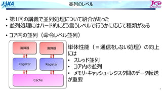 7
並列のレベル
• 第1回の講義で並列処理について紹介があった
• 並列処理にはハード的にどう⾔うレベルで⾏うかに応じて種類がある
• コア内の並列（命令レベル並列）
演算器
Cache
Register
演算器
Register
単体性能（＝通信をしない処理）の向上
には
• スレッド並列
• コア内の並列
• メモリ・キャッシュ・レジスタ間のデータ転送
が重要
 