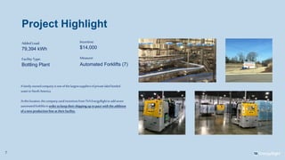 Project Highlight
7
Facility Type:
Bottling Plant
Measure:
Automated Forklifts (7)
Added Load:
79,394 kWh
Incentive:
$14,000
A family-ownedcompany isone ofthelargestsuppliersofprivatelabelbottled
waterinNorthAmerica.
Atthislocation,thecompany usedincentivesfromTVAEnergyRighttoaddseven
automatedforkliftsin ordertokeeptheirshipping up topace withtheaddition
of anew productionline attheirfacility.
 