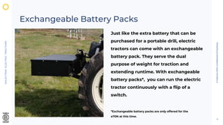SOLECTRAC
ELECTRIC
TRACTORS
Exchangeable Battery Packs
Just like the extra battery that can be
purchased for a portable drill, electric
tractors can come with an exchangeable
battery pack. They serve the dual
purpose of weight for traction and
extending runtime. With exchangeable
battery packs*, you can run the electric
tractor continuously with a flip of a
switch.
13
*Exchangeable battery packs are only offered for the
e70N at this time.
©
Solectrac
2021
|
Confidential
&
Proprietary
 