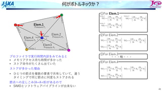 48
何がボトルネックか︖
þ
ý
ü
î
í
ì
¶
¶
¶
¶
=
+
Ñ 1
1
,
1
1
1
,
1
1 , P
y
N
P
x
N
P
þ
ý
ü
î
í
ì
¶
¶
¶
¶
=
+
Ñ 1
2
,
1
1
2
,
1
2 , P
y
N
P
x
N
P
þ
ý
ü
î
í
ì
¶
¶
¶
¶
=
+
Ñ 1
3
,
1
1
3
,
1
3 , P
y
N
P
x
N
P
Vertex 1
①For Elem.1
Vertex 2
Vertex 3
þ
ý
ü
î
í
ì
¶
¶
¶
¶
=
+
Ñ 2
2
,
2
2
2
,
2
2 , P
y
N
P
x
N
P
②For Elem.2
þ
ý
ü
î
í
ì
¶
¶
¶
¶
=
+
Ñ 2
1
,
2
2
1
,
2
3 , P
y
N
P
x
N
P
þ
ý
ü
î
í
ì
¶
¶
¶
¶
=
+
Ñ 2
3
,
2
2
3
,
2
4 , P
y
N
P
x
N
P
þ
ý
ü
î
í
ì
¶
¶
¶
¶
=
+
Ñ 4
2
,
4
4
2
,
4
5 , P
y
N
P
x
N
P
④For Elem.4
þ
ý
ü
î
í
ì
¶
¶
¶
¶
=
+
Ñ 4
1
,
4
4
1
,
4
3 , P
y
N
P
x
N
P
þ
ý
ü
î
í
ì
¶
¶
¶
¶
=
+
Ñ 4
3
,
4
4
3
,
4
1 , P
y
N
P
x
N
P
③For Elem.3
・・・略・・・
節点5 3
Elem.1
Pressure P1
Elem.2
Pressure P2
Elem3
Pressure P3
Elem.4
Pressure P4
Vertex1
1
5 4
2
Vertex 2
Vertex
3 Vertex
1
V
e
r
t
e
x
2
V
e
r
t
e
x
3
Vertex 3
Vertex 1
V
e
r
t
e
x
2
Vertex
1
V
e
r
t
e
x
3
Vertex
2
プロファイラで実⾏時間内訳をみてみると
• メモリアクセス待ち時間が多かった
• ストア命令がたくさん出ていた
ストアが多かった理由
• ひとつの節点を複数の要素で共有していて，違う
タイミングで同じ節点に何度もストアされる
節点への⾜しこみ(A=A+B)があるので
• SIMDとソフトウェアパイプラインが出来ない
 