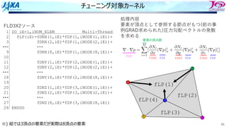 65
チューニング対象カーネル
FLD3X2ソース
DO iE=1,iNUM_ELEM Multi-Thread
fLP(iE)=fDNX(1,iE)*fDP(1,iNODE(1,iE))+
fDNX(2,iE)*fDP(1,iNODE(2,iE))+
・・・
fDNX(8,iE)*fDP(1,iNODE(8,iE))+
fDNY(1,iE)*fDP(2,iNODE(1,iE))+
fDNY(2,iE)*fDP(2,iNODE(2,iE))+
・・・
fDNY(8,iE)*fDP(2,iNODE(8,iE))+
fDNZ(1,iE)*fDP(3,iNODE(1,iE))+
fDNZ(2,iE)*fDP(3,iNODE(2,iE))+
・・・
fDNZ(8,iE)*fDP(3,iNODE(8,iE))
ENDDO
1
2
3
・・・
9
10
11
12
・・・
18
19
20
21
・・・
27
28
処理内容
要素が頂点として参照する節点がもつ(前の事
例GRAD求められた)圧⼒勾配ベクトルの発散
を求める
節点5 3
1
5 4
2
※) 絵では3頂点の要素だが実際は8頂点の要素
fLP(1)
fLP(2)
fLP(3)
fLP(4)
fDNX fDNY fDNZ
fDP fDP fDP
fLP
要素の頂点数
 