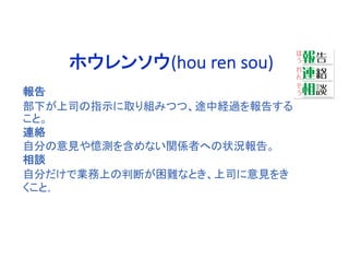 報告
部下が上司の指示に取り組みつつ、途中経過を報告する
こと。
連絡
自分の意見や憶測を含めない関係者への状況報告。
相談
自分だけで業務上の判断が困難なとき、上司に意見をき
くこと。
ホウレンソウ(hou ren sou)
 