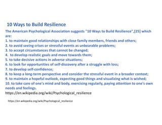 10 Ways to Build Resilience
The American Psychological Association suggests "10 Ways to Build Resilience",[25] which
are:
1. to maintain good relationships with close family members, friends and others;
2. to avoid seeing crises or stressful events as unbearable problems;
3. to accept circumstances that cannot be changed;
4. to develop realistic goals and move towards them;
5. to take decisive actions in adverse situations;
6. to look for opportunities of self-discovery after a struggle with loss;
7. to develop self-confidence;
8. to keep a long-term perspective and consider the stressful event in a broader context;
9. to maintain a hopeful outlook, expecting good things and visualizing what is wished;
10. to take care of one's mind and body, exercising regularly, paying attention to one's own
needs and feelings.
https://en.wikipedia.org/wiki/Psychological_resilience
https://en.wikipedia.org/wiki/Psychological_resilience
 