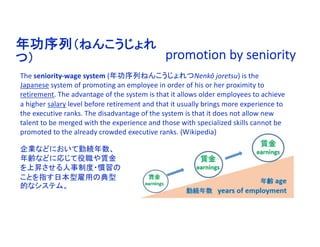 promotion by seniority
年功序列（ねんこうじょれ
つ）
企業などにおいて勤続年数、
年齢などに応じて役職や賃金
を上昇させる人事制度・慣習の
ことを指す日本型雇用の典型
的なシステム。
The seniority-wage system (年功序列ねんこうじょれつNenkō joretsu) is the
Japanese system of promoting an employee in order of his or her proximity to
retirement. The advantage of the system is that it allows older employees to achieve
a higher salary level before retirement and that it usually brings more experience to
the executive ranks. The disadvantage of the system is that it does not allow new
talent to be merged with the experience and those with specialized skills cannot be
promoted to the already crowded executive ranks. (Wikipedia)
 