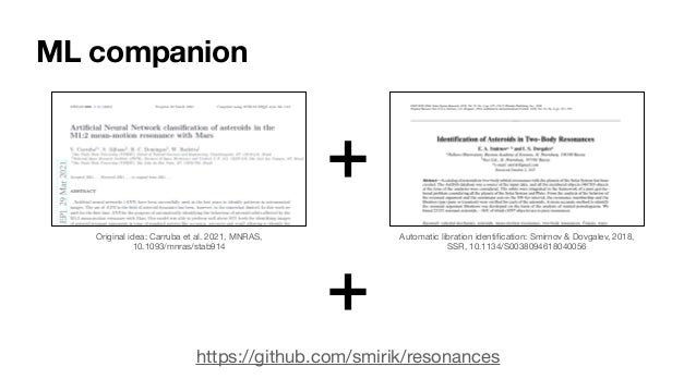ML companion
Original idea: Carruba et al. 2021, MNRAS, 

10.1093/mnras/stab914
Automatic libration identi
fi
cation: Smirnov & Dovgalev, 2018,
SSR, 10.1134/S0038094618040056
https://github.com/smirik/resonances
 