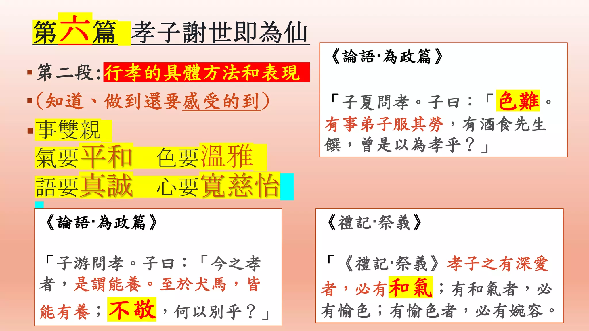 第二段:行孝的具體方法和表現
(知道、做到還要感受的到)
事雙親
氣要平和 色要溫雅
語要真誠 心要寬慈怡
《論語·為政篇》
「子夏問孝。子曰：「色難。
有事弟子服其勞，有酒食先生
饌，曾是以為孝乎？」
《禮記·祭義》
「《禮記·祭義》孝子之有深愛
者，必有和氣；有和氣者，必
有愉色；有愉色者，必有婉容。
《論語·為政篇》
「子游問孝。子曰：「今之孝
者，是謂能養。至於犬馬，皆
能有養；不敬，何以別乎？」
第六篇 孝子謝世即為仙
 